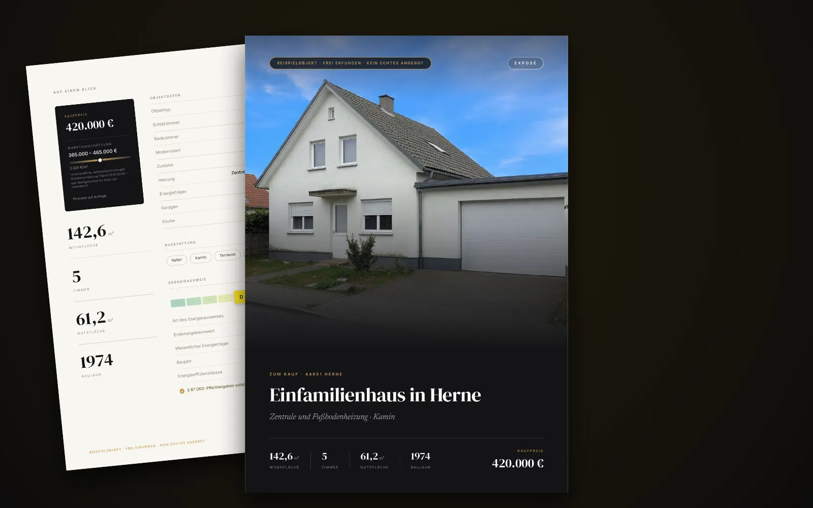 Exposé des Beispielobjekts in Herne: Titelseite mit Foto, Titel und Kaufpreis, dahinter zwei weitere Seiten